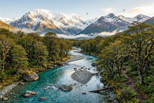 Faixa cristalina corta florestas remotas de Aysén na Patagônia chilena