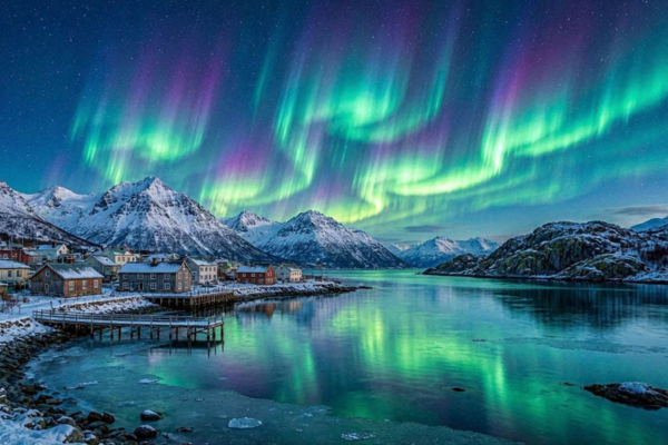Auroras austrais iluminando o céu no extremo sul argentino