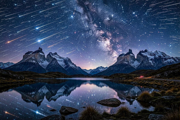 Chuvas de meteoros da Patagônia sobre montanhas e planícies austrais.
