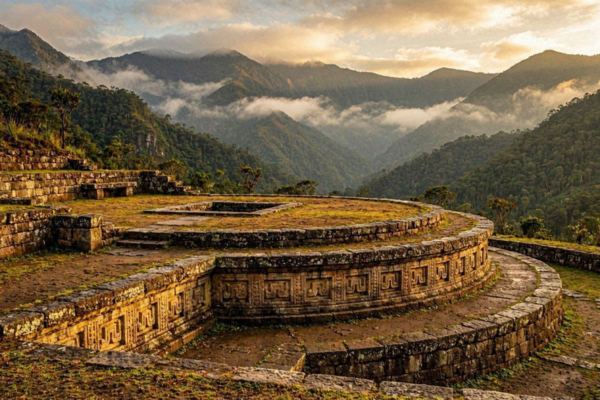 Símbolos Chachapoyas em frisos geométricos de pedra no norte do Peru