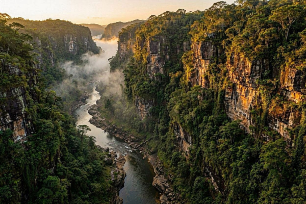 Cânions remotos do Brasil com paredões rochosos e vale coberto por vegetação